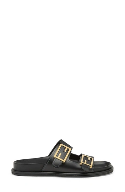 Fendi Nappa Leather Feel Double-band Slides Shoes In Black