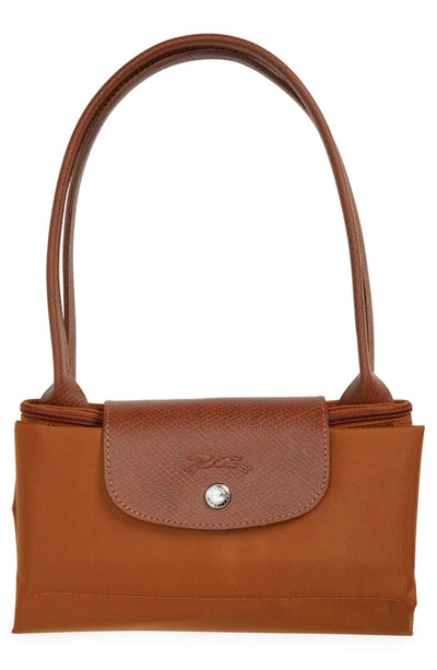 Shop Longchamp Medium Le Pliage Green Recycled Canvas Shoulder Tote Bag In Cognac