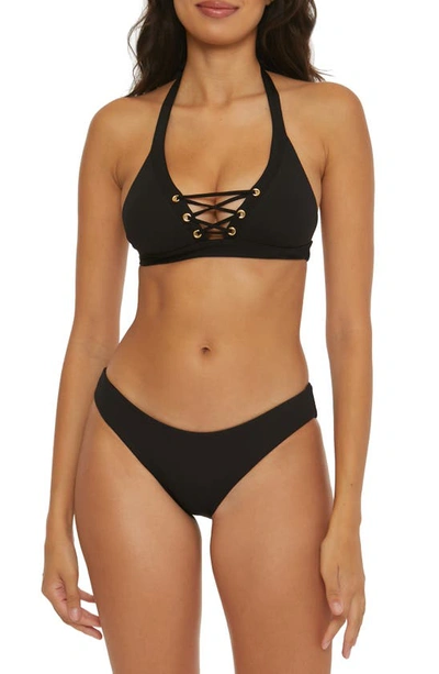 Shop Becca Modern Edge Ribbed Lace-up Halter Bikini Top In Black