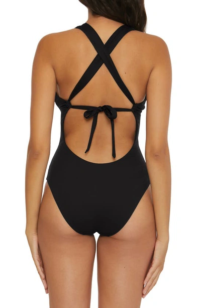 Shop Becca Modern Edge Ribbed Lace-up Plunge One-piece Swimsuit In Black