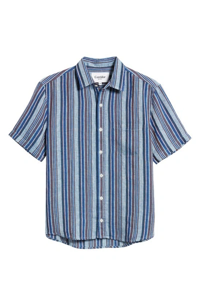 Shop Corridor Amalfi Stripe Short Sleeve Linen Button-up Shirt In Blue