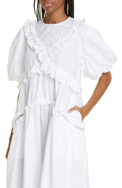 Shop Simone Rocha Puff Sleeve Ruffle Trim Midi Dress In White