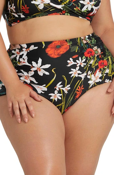 Shop Artesands Raphael Ruched Floral High Waist Bikini Bottoms In Black