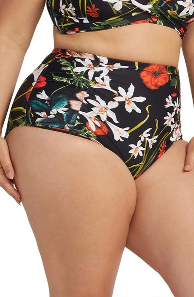 Shop Artesands Raphael Ruched Floral High Waist Bikini Bottoms In Black