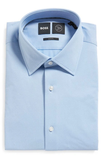 Shop Hugo Boss Hank Solid Blue Slim Fit Stretch Dress Shirt In Light Blue
