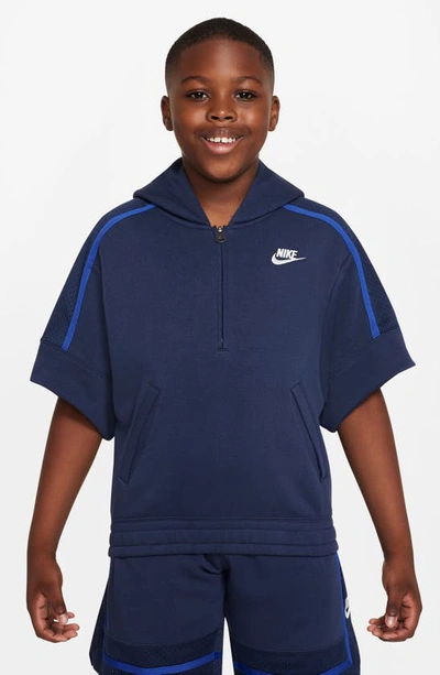 Shop Nike Kids' Culture Of Basketball Short Sleeve Half-zip Hoodie In Midnight Navy/ White