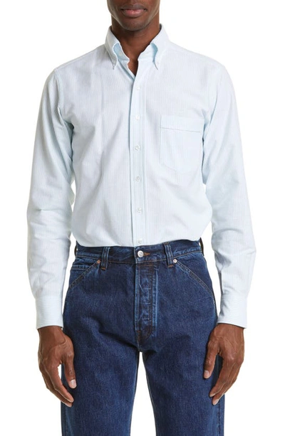 Shop Drake's Ticking Stripe Oxford Cotton Button-down Shirt In Blue Stripes