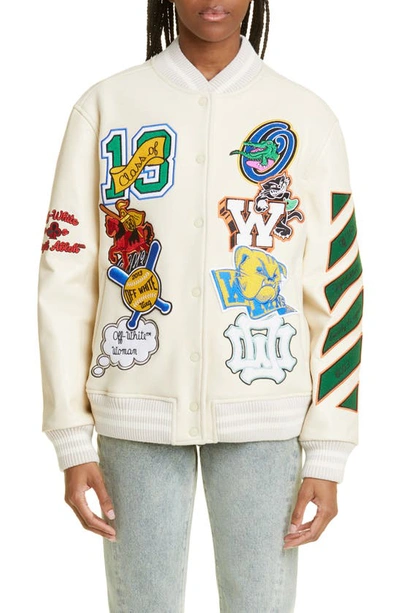 Wool/Leather Full-Snap Off-White Logo-Patch Varsity Jacket