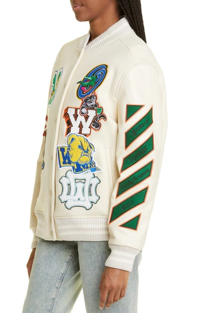 Shop Off-white Embroidered Slogan Patch Wool Blend Varsity Jacket In White Multicolor