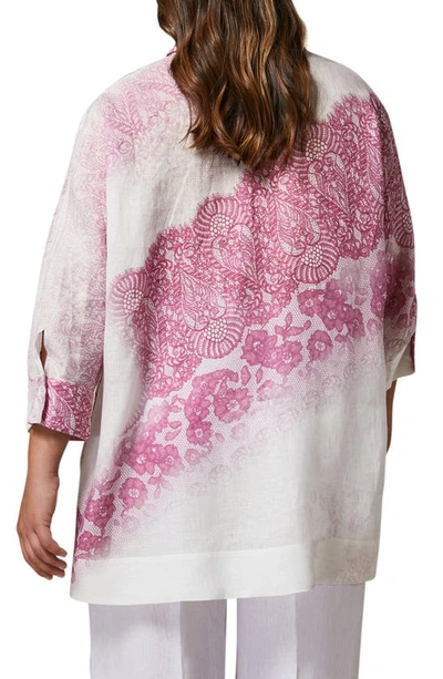 Shop Marina Rinaldi Lace Print Refined Lightweight Flax Button-up Blouse In Pink