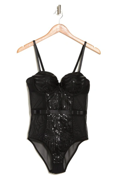 Shop Secret Lace Sequin Panel Bodysuit In Black