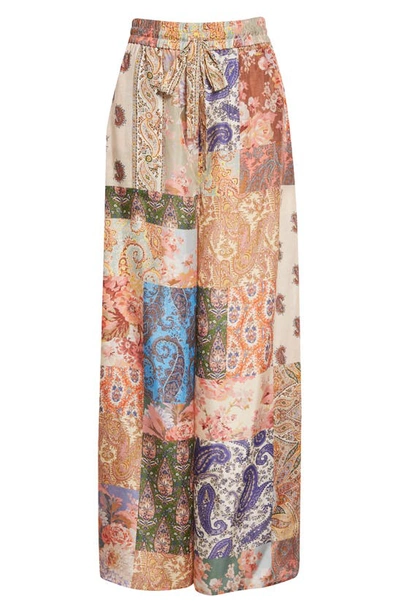 Shop Zimmermann Devi Mixed Print Silk Drawstring Pants In Patch Paisley