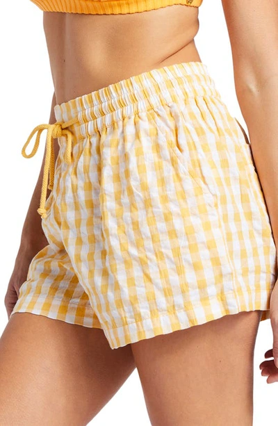 Shop Billabong X Sun Chasers Sunshine Check High Waist Drawstring Cotton Shorts In Gold