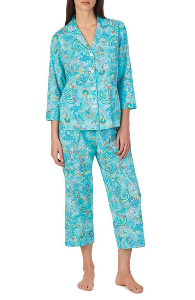 Shop Lauren Ralph Lauren Stripe Crop Cotton Blend Pajamas In Turq/ Prt