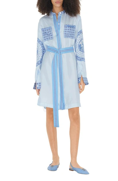 Shop Burberry Sofia Belted Long Sleeve Mulberry Silk Shirtdress In Blue