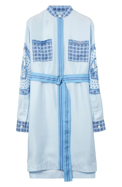 Shop Burberry Sofia Belted Long Sleeve Mulberry Silk Shirtdress In Blue