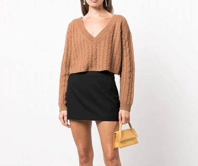Shop Alice And Olivia Ayden V-neck Cable Knit Pullover Cropped Top Sweater In Camel In Brown