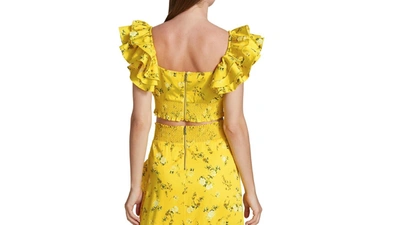 Shop Alice And Olivia Shanae Ruffle Sleeve Tie Front Cropped Top Escape Ditsy In Sunbeam In Yellow