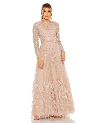 Shop Mac Duggal Disc Embellished Sequin Gown With Feather Detail In Dusty Rose