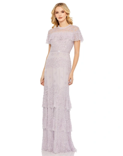 Shop Mac Duggal Embellished Cap Sleeve Ruffle Tiered Gown In Lilac