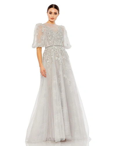 Shop Mac Duggal Embellished Puff Sleeve A Line Gown In Platinum