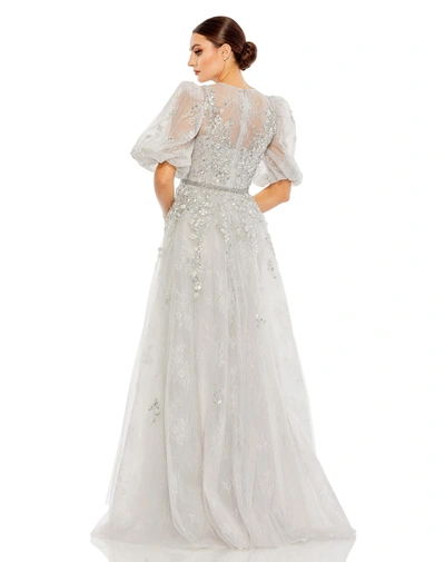 Mac Duggal Embellished Puff Sleeve A Line Gown In Platinum