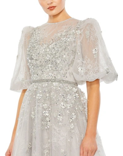 Mac Duggal Embellished Puff Sleeve A Line Gown In Platinum
