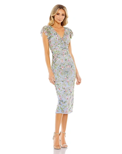 Shop Mac Duggal Floral Embellished Flutter Cap Sleeve Dress In Slate Blue Multi