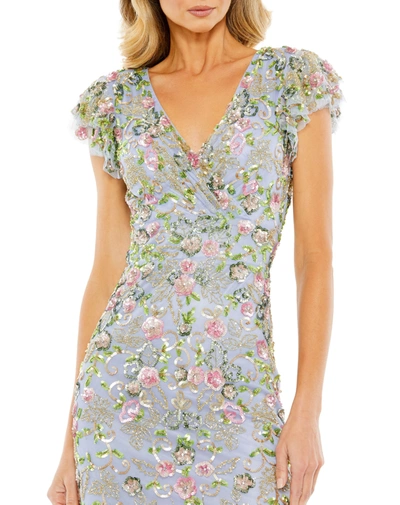 Shop Mac Duggal Floral Embellished Flutter Cap Sleeve Dress In Slate Blue Multi