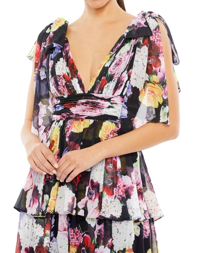 Shop Mac Duggal Floral Print Ruffled Sleeveless Soft Tie Dress In Multi