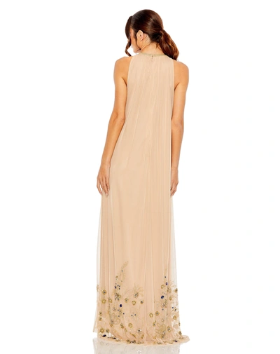 Shop Mac Duggal High Neck Floral Embellished Trapeze Gown In Nude Gold