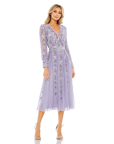 Shop Mac Duggal Long Sleeve Embroidered Wrap Midi Dress In Lilac