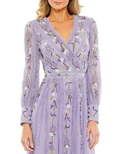 Shop Mac Duggal Long Sleeve Embroidered Wrap Midi Dress In Lilac