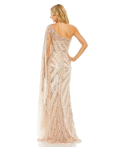 Shop Mac Duggal One Shoulder Cape Sleeve Embellished Gown In Rose Gold