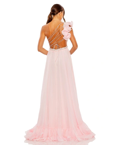 Mac Duggal Ruffled One Shoulder Embellished Lace Up Gown In Petal Pink