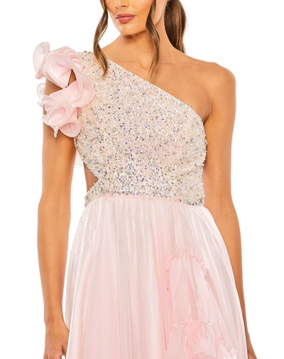 Mac Duggal Ruffled One Shoulder Embellished Lace Up Gown In Petal Pink