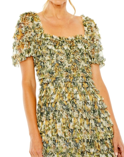 Shop Mac Duggal Short Sleeve Micro Ruffle Tea Length Dress In Gold Multi