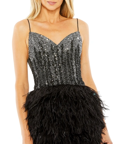 Mac Duggal Sleeveless Sequin Dress With Feather Skirt In Black