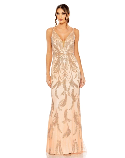 Shop Mac Duggal V Neck Sequin Embellished Gown In Apricot