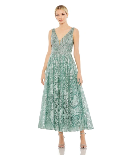 Shop Mac Duggal V-neck Low Cut Back Floral Embroidered A-line Dress In Seafoam