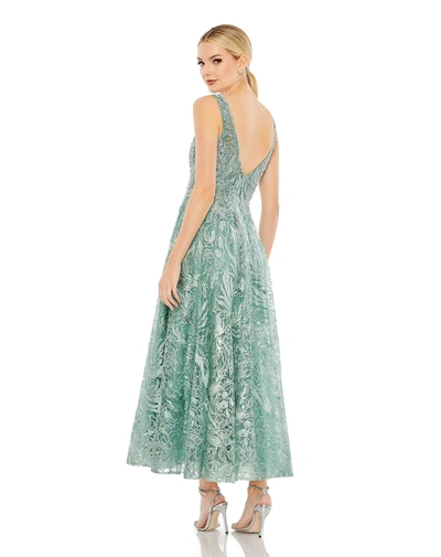 Shop Mac Duggal V-neck Low Cut Back Floral Embroidered A-line Dress In Seafoam