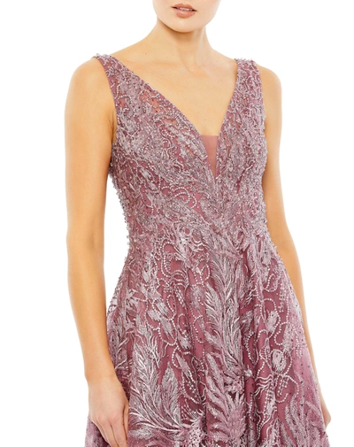 Shop Mac Duggal V-neck Low Cut Back Floral Embroidered A-line Dress In Mauve
