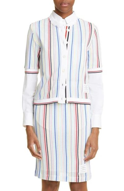 Shop Thom Browne Stripe Short Sleeve Crewneck Cardigan In Seasonal Multi