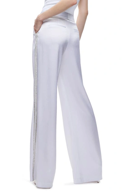Shop Alice And Olivia Dylan Crystal Embellished Wide Leg Satin Pants In White