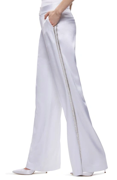 Shop Alice And Olivia Dylan Crystal Embellished Wide Leg Satin Pants In White