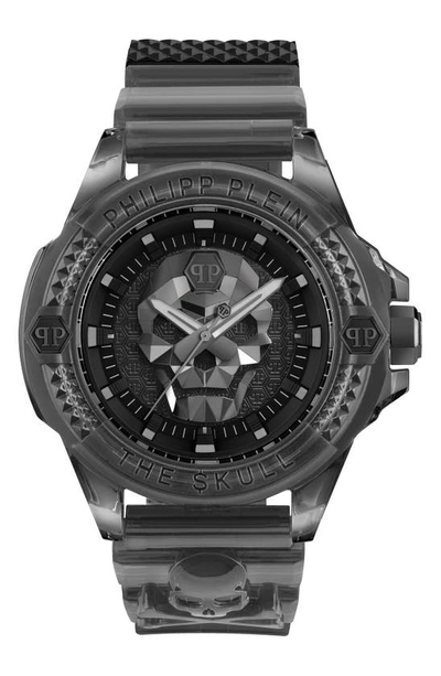Shop Philipp Plein The Skull Plastic Strap Watch, 44mm In Transparent Grey