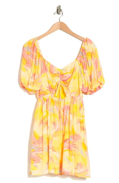 Shop Adelyn Rae Puff Sleeve Fit & Flare Dress In Yellow Pink