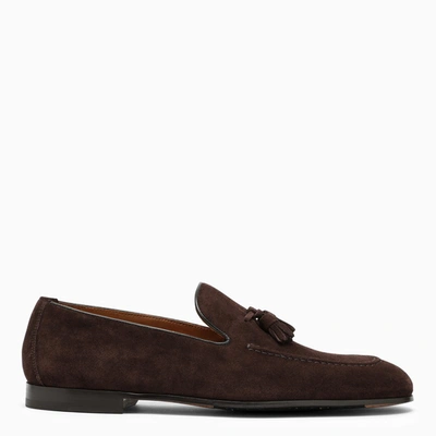 Shop Doucal's Dark Brown Suede Loafer With Tassels