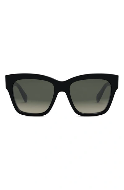 Shop Celine Triomphe 55mm Round Sunglasses In Shiny Black / Gradient Brown