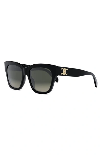 Shop Celine Triomphe 55mm Round Sunglasses In Shiny Black / Gradient Brown